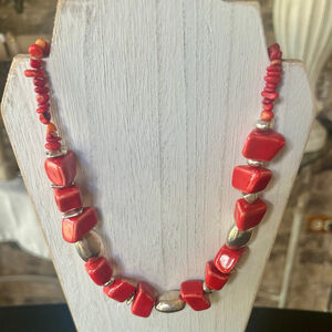 Artisan Handcrafted Red Coral & Silver Statement Necklace Boho